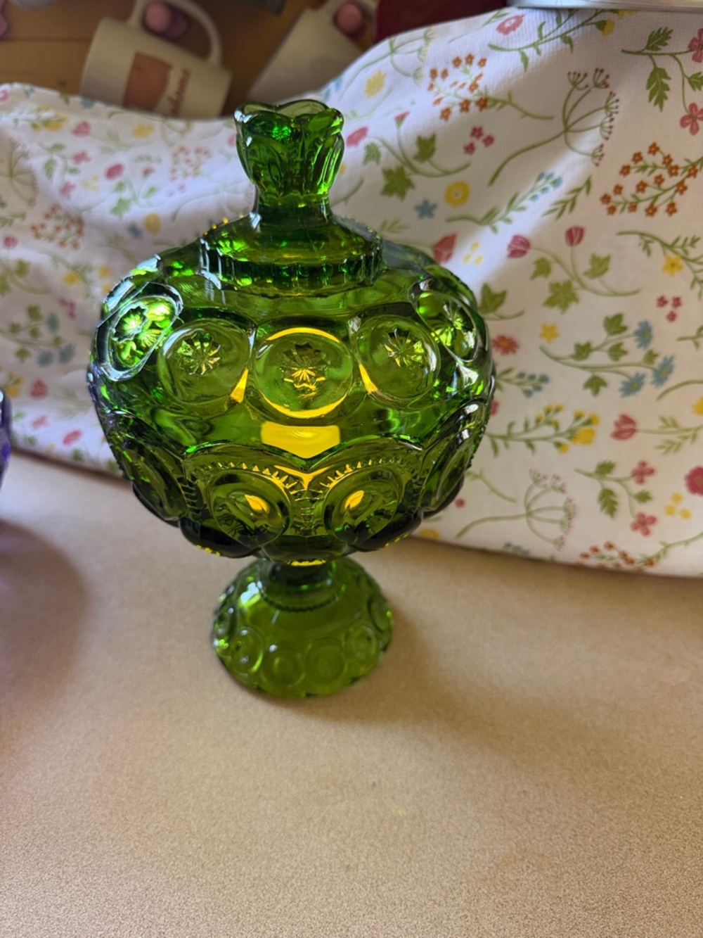 Vintage Fenton Green Pressed Glass Pedestal Candy Dish with Lid
